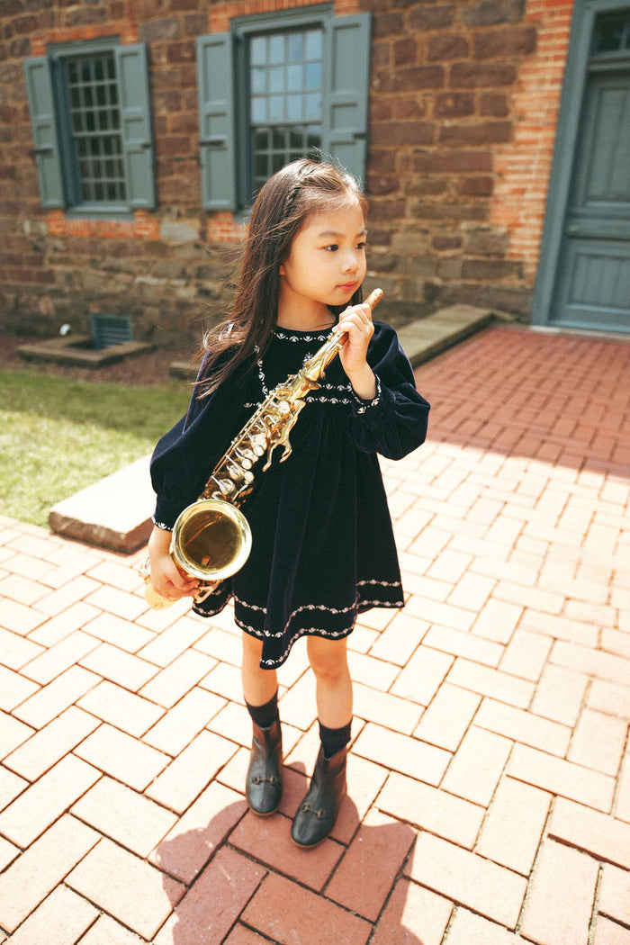 Girls Dress – Navy – Embroidered Trim