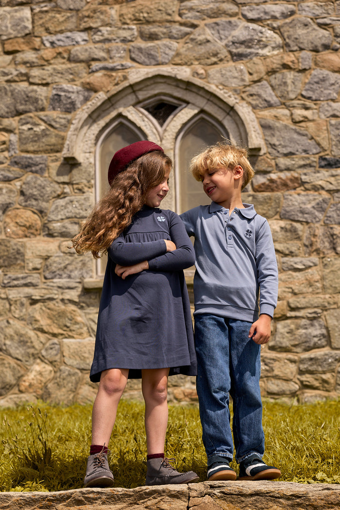 Girls Dress – Navy/Blue – Embroidered Clover