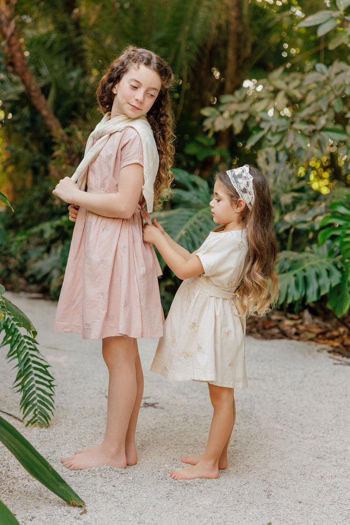 Girls Embroidered Floral Short Sleeve Dress – Ivory – Holland Collection