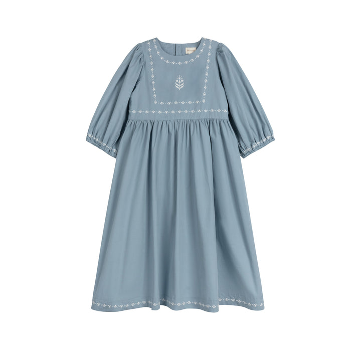 Girls Embroidered Trim Dress – Blue – Keepsake Collection