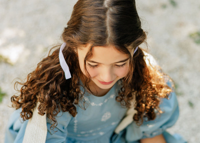 Girls Embroidered Trim Dress – Blue – Keepsake Collection