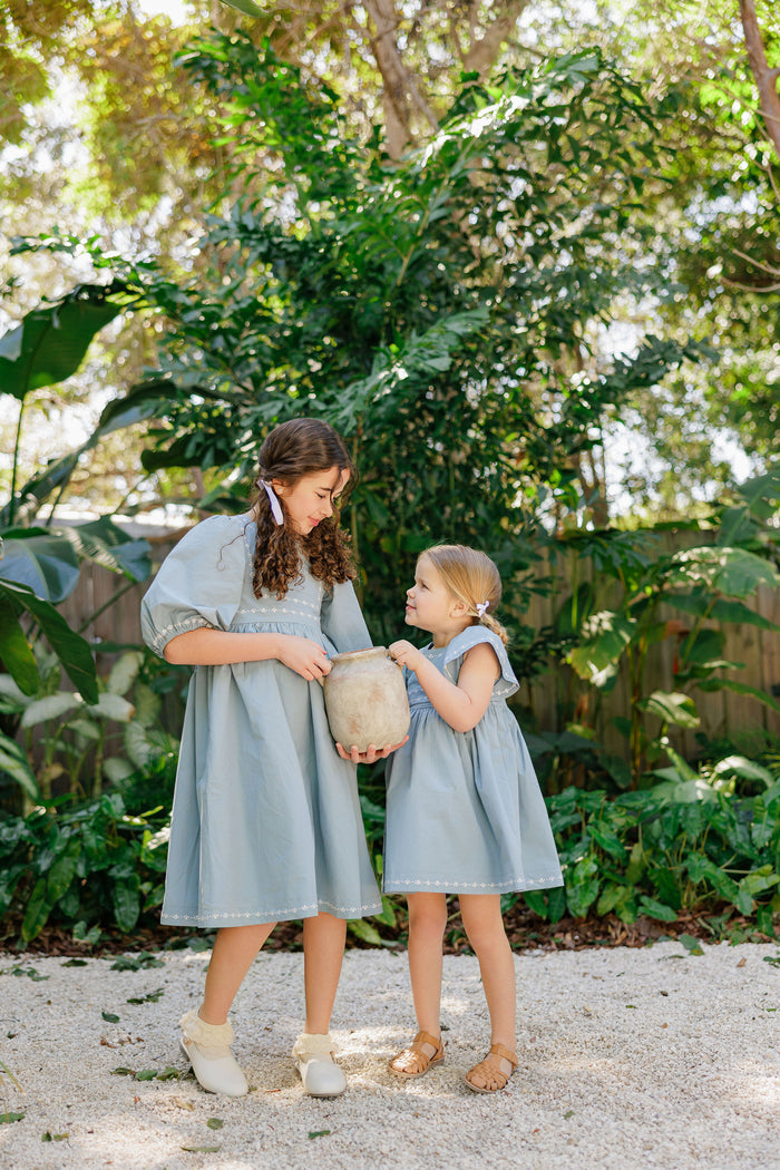 Girls Embroidered Trim Dress – Blue – Keepsake Collection
