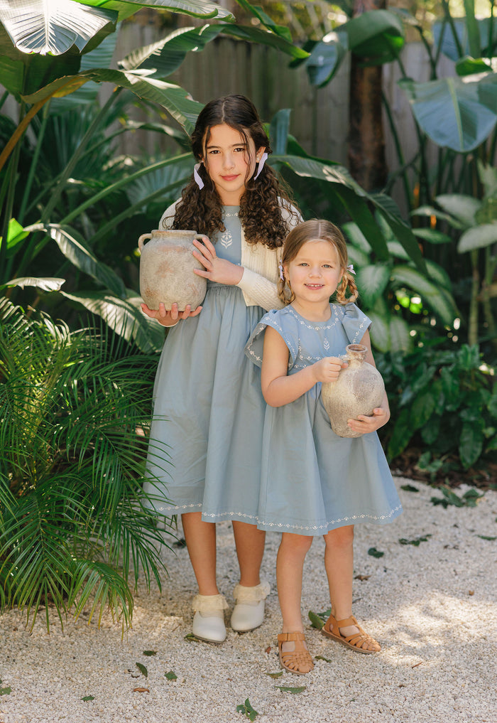 Girls Embroidered Trim Dress – Blue – Keepsake Collection