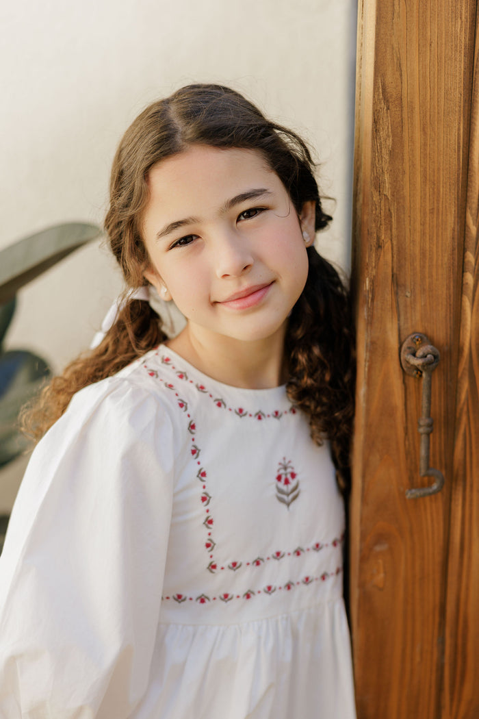 Girls Embroidered Trim Dress – Ivory – Keepsake Collection