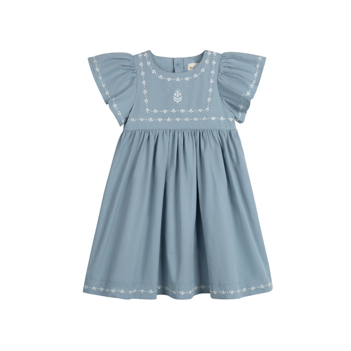 Girls Embroidered Trim Short Sleeve Dress – Blue – Keepsake Collection