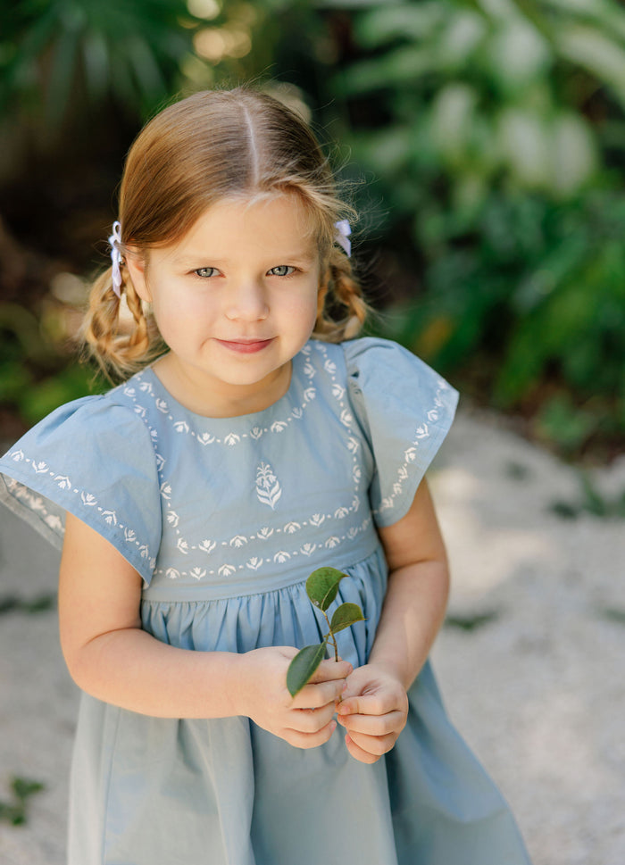 Girls Embroidered Trim Short Sleeve Dress – Blue – Keepsake Collection