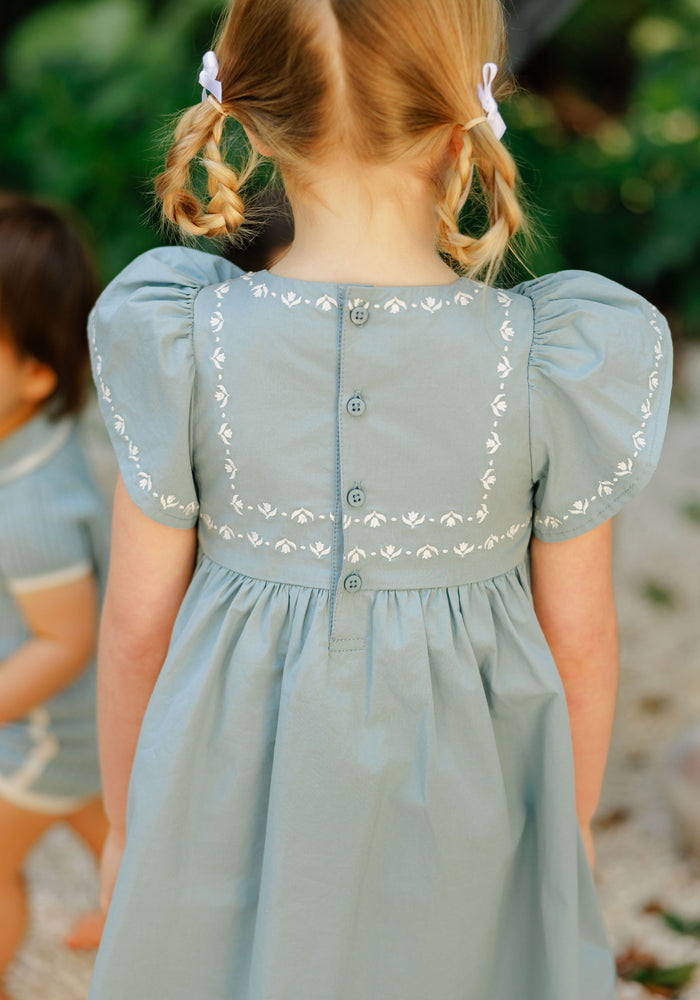 Girls Embroidered Trim Short Sleeve Dress – Blue – Keepsake Collection