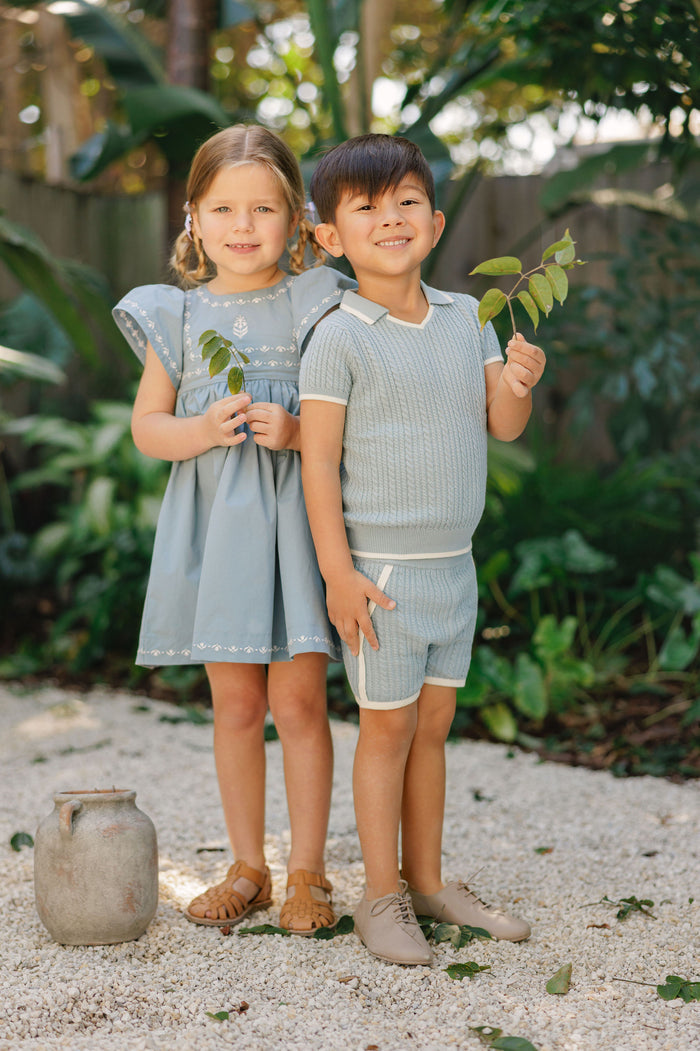 Girls Embroidered Trim Short Sleeve Dress – Blue – Keepsake Collection