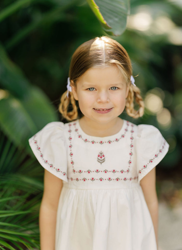 Girls Embroidered Trim Short Sleeve Dress – Ivory – Keepsake Collection