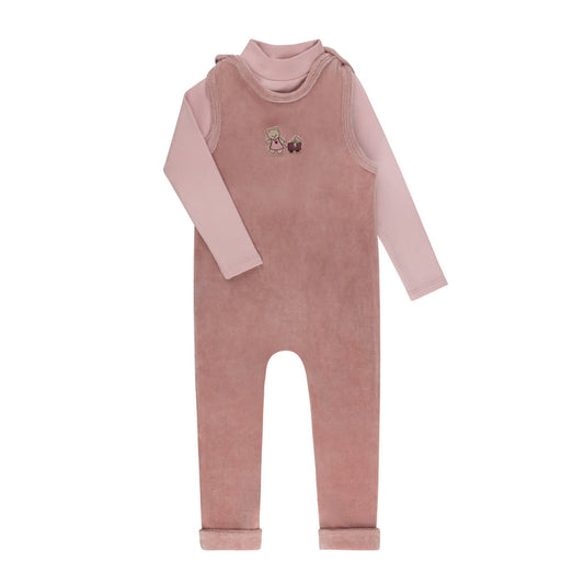 Girls Mockneck Bodysuit & Overall – Pink – Embroidered Bear