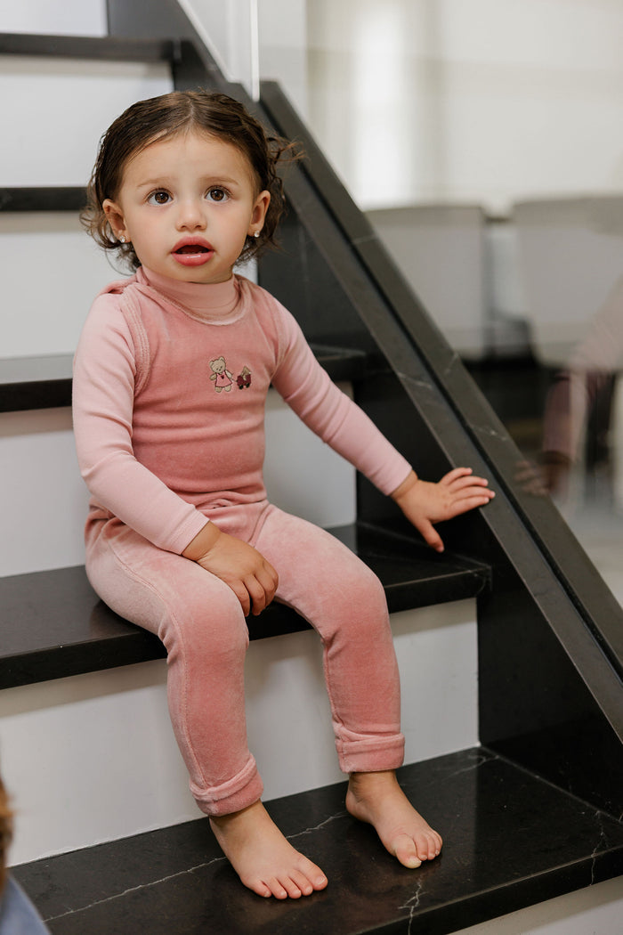 Girls Mockneck Bodysuit & Overall – Pink – Embroidered Bear
