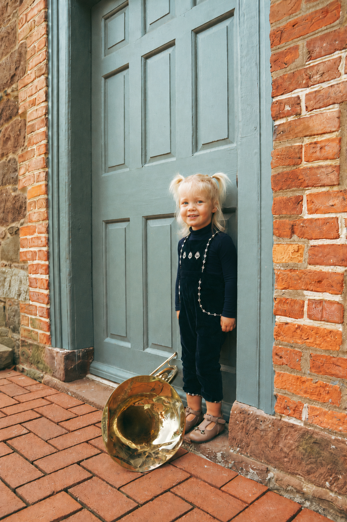 Girls Overalls – Navy – Embroidered Trim