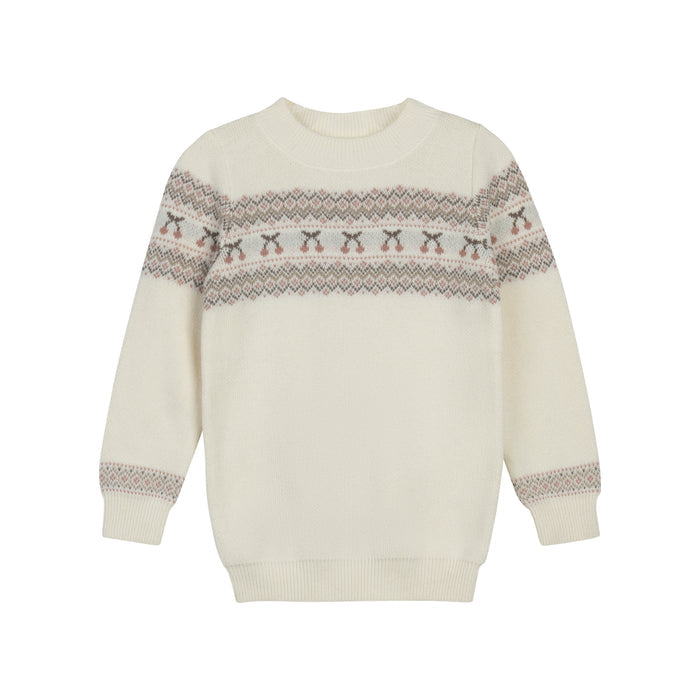 Girls Pullover Sweater – Ivory Mauve – Fair Isle