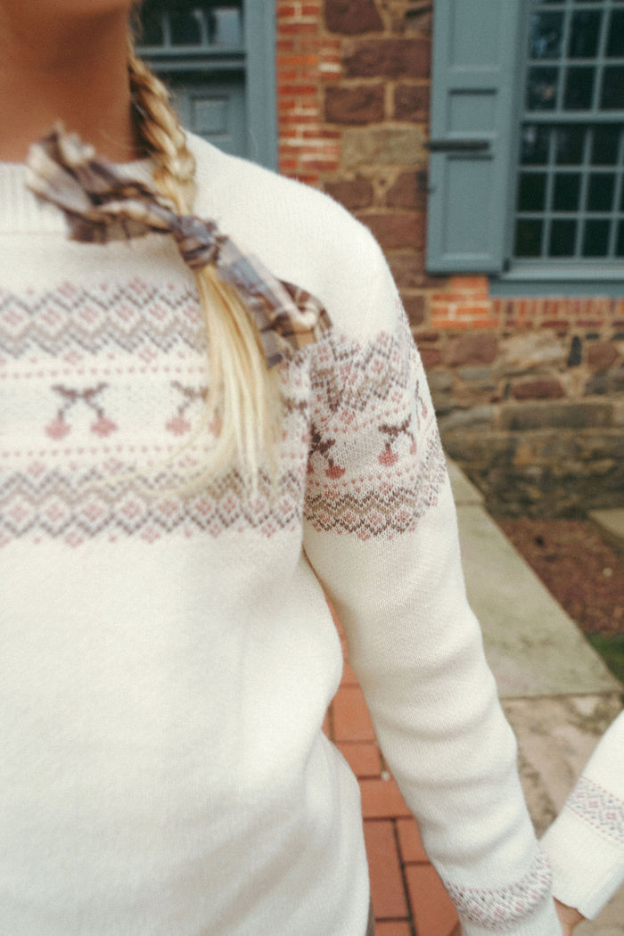 Girls Pullover Sweater – Ivory Mauve – Fair Isle