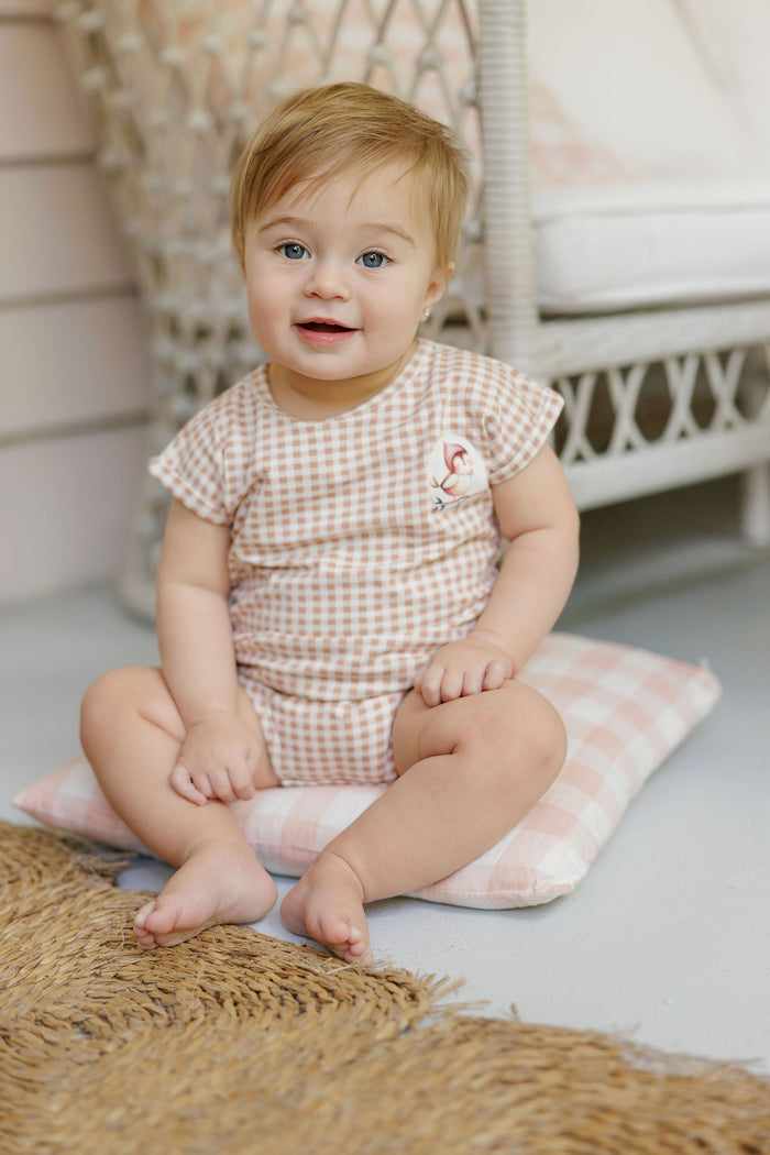 Girls Romper - Blush - Gingham Owl