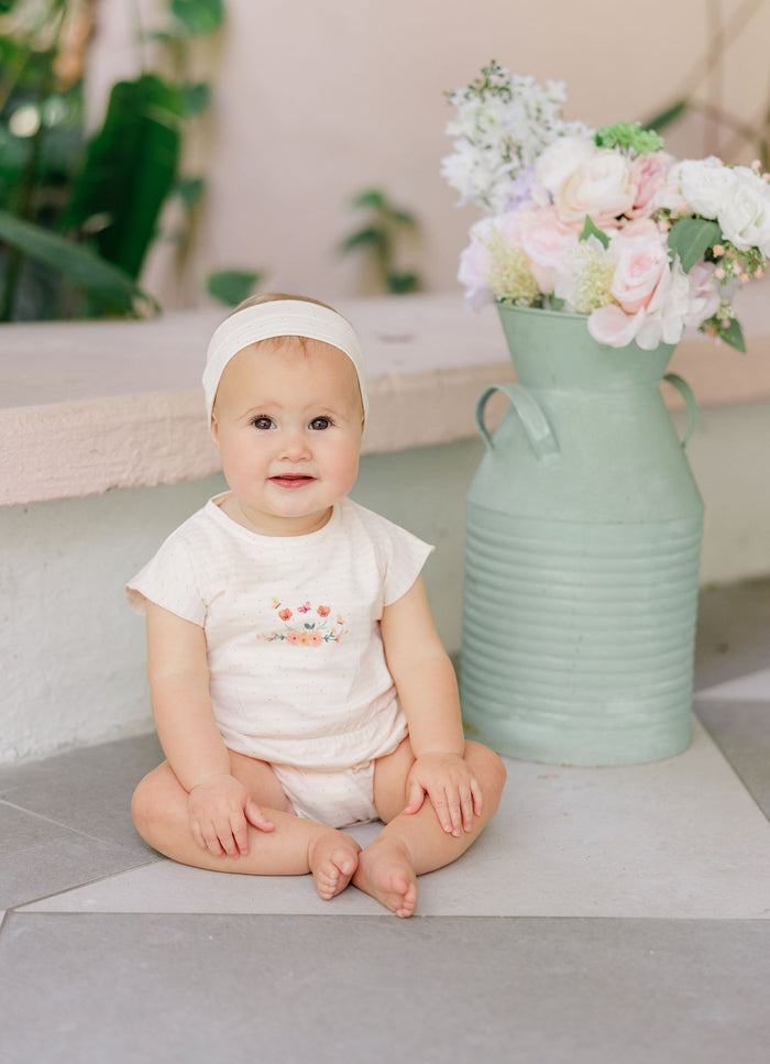 Girls Romper - Ivory Pink - Floral Stripe