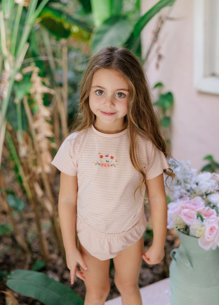 Girls Romper - Pink - Floral Stripe