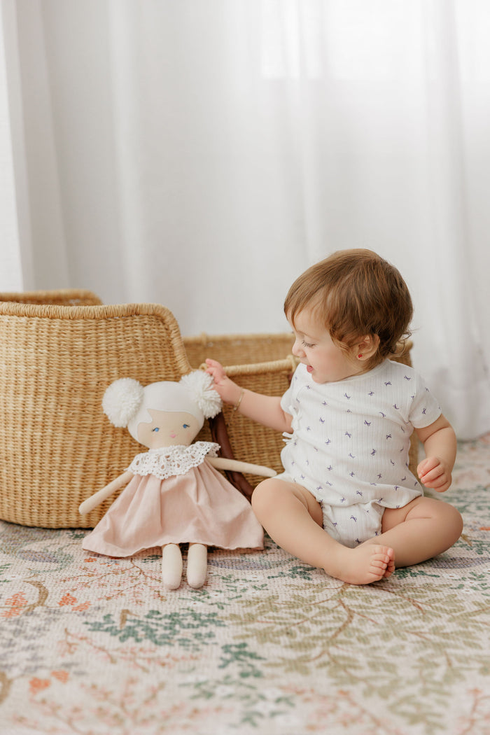 Girls Romper – Ivory Lilac – Bow Pattern