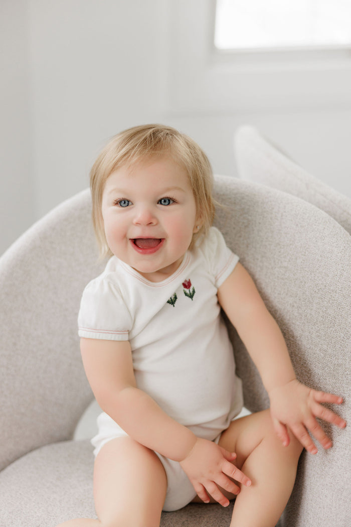 Girls Romper – Ivory Pink – Cross Stitch Tulip
