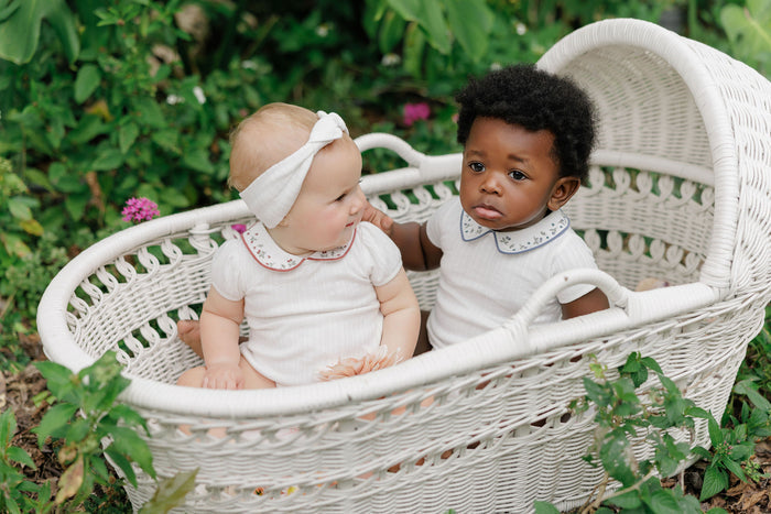 Girls Romper – Ivory Pink – Embroidered Collar