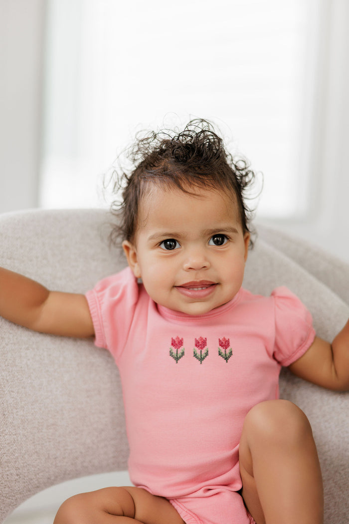 Girls Romper – Pink – Cross Stitch Tulip