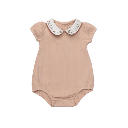Girls Romper – Pink – Embroidered Collar