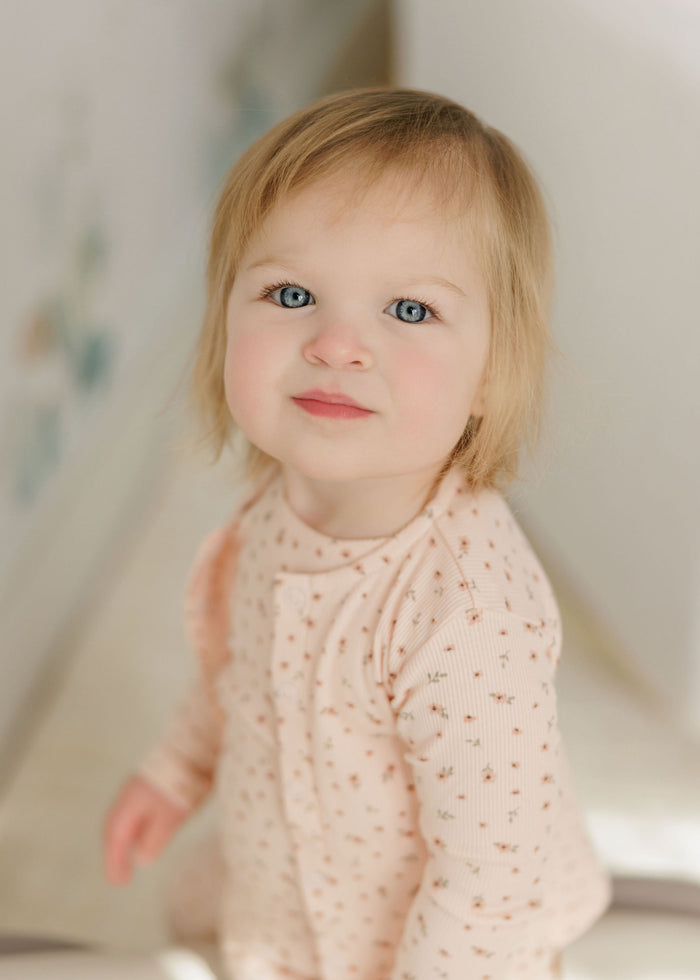 Girls Romper – Pink – Floral Rib (Cardigan sold separately)