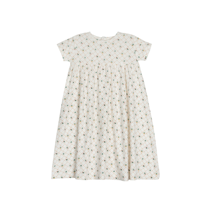 Girls Short Sleeve Dress - Ivory - Floral Grid