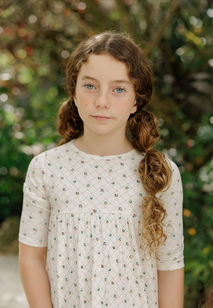 Girls Short Sleeve Dress - Ivory - Floral Grid