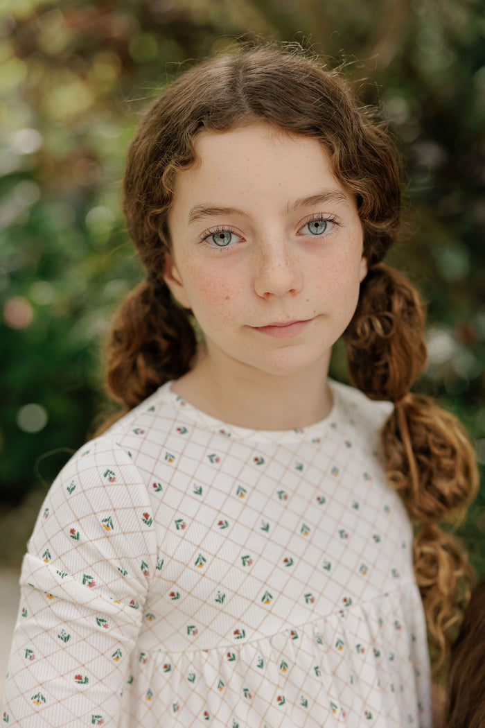 Girls Short Sleeve Dress - Ivory - Floral Grid