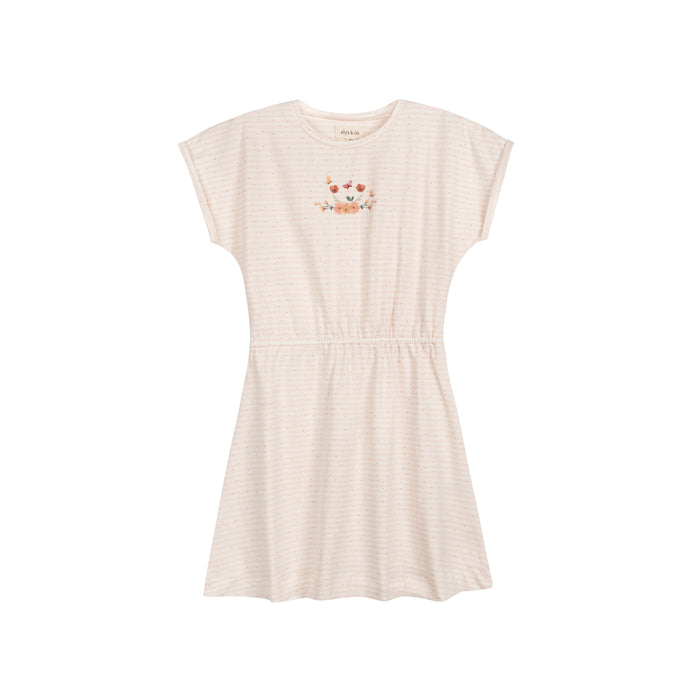 Girls Short Sleeve Dress - Ivory Pink - Floral Stripe