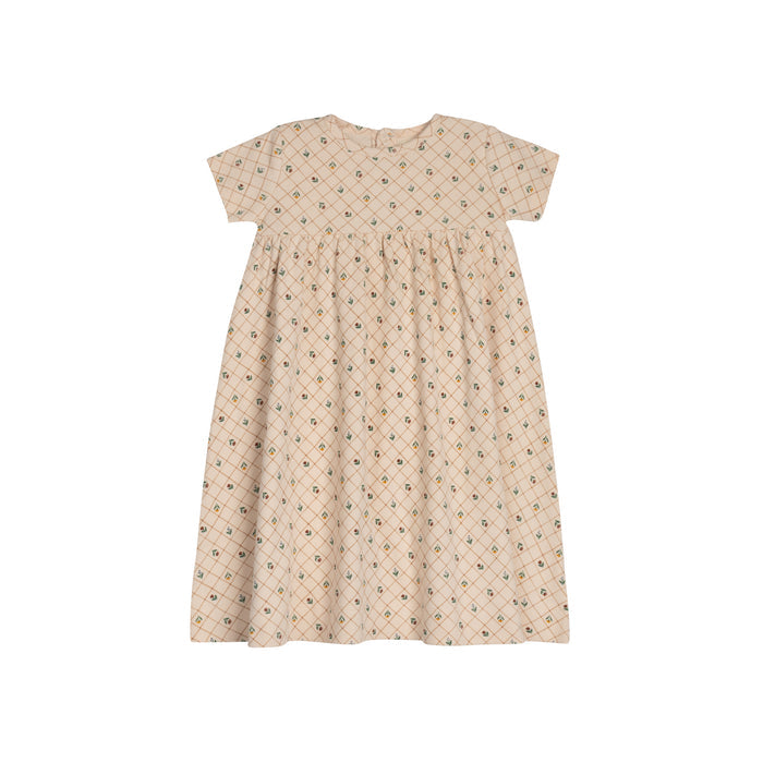 Girls Short Sleeve Dress - Pink - Floral Grid