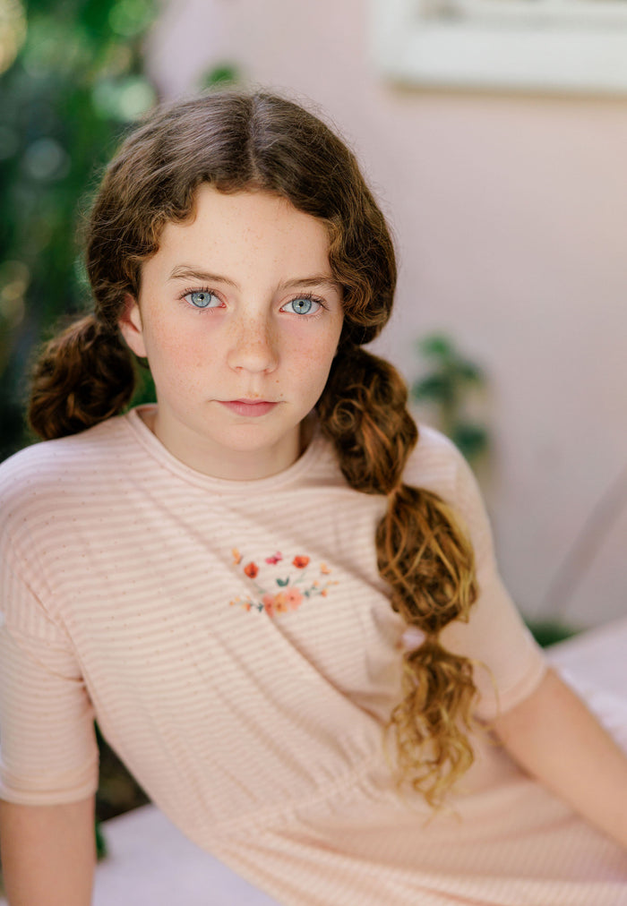Girls Short Sleeve Dress - Pink - Floral Stripe