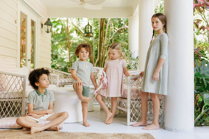 Girls Short Sleeve Dress - Sage - Gingham Owl