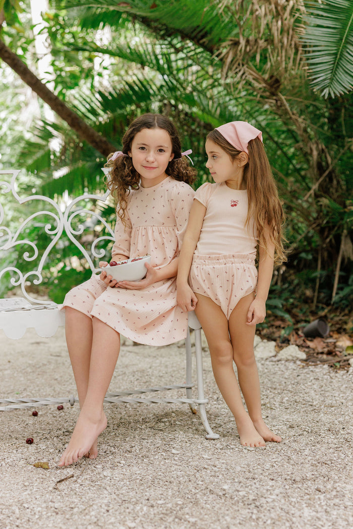 Girls Short Sleeve Dress – Pink – Bow Pattern