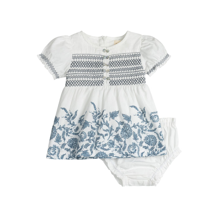 Girls Smocked Floral 2 Piece Set – Ivory/Blue – Storybook Collection