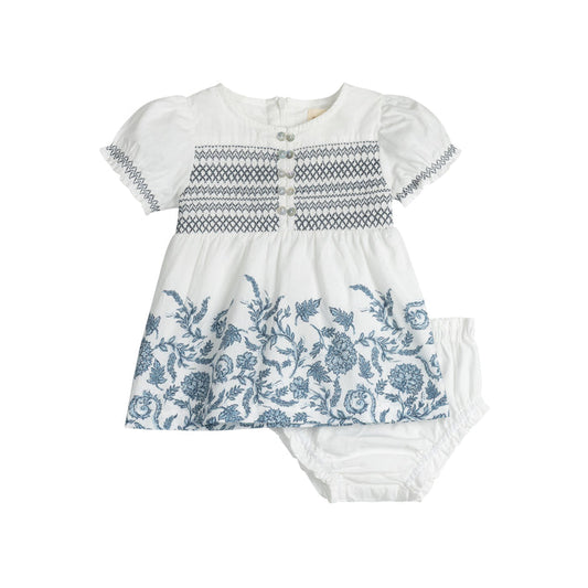 Girls Smocked Floral 2 Piece Set – Ivory/Blue – Storybook Collection