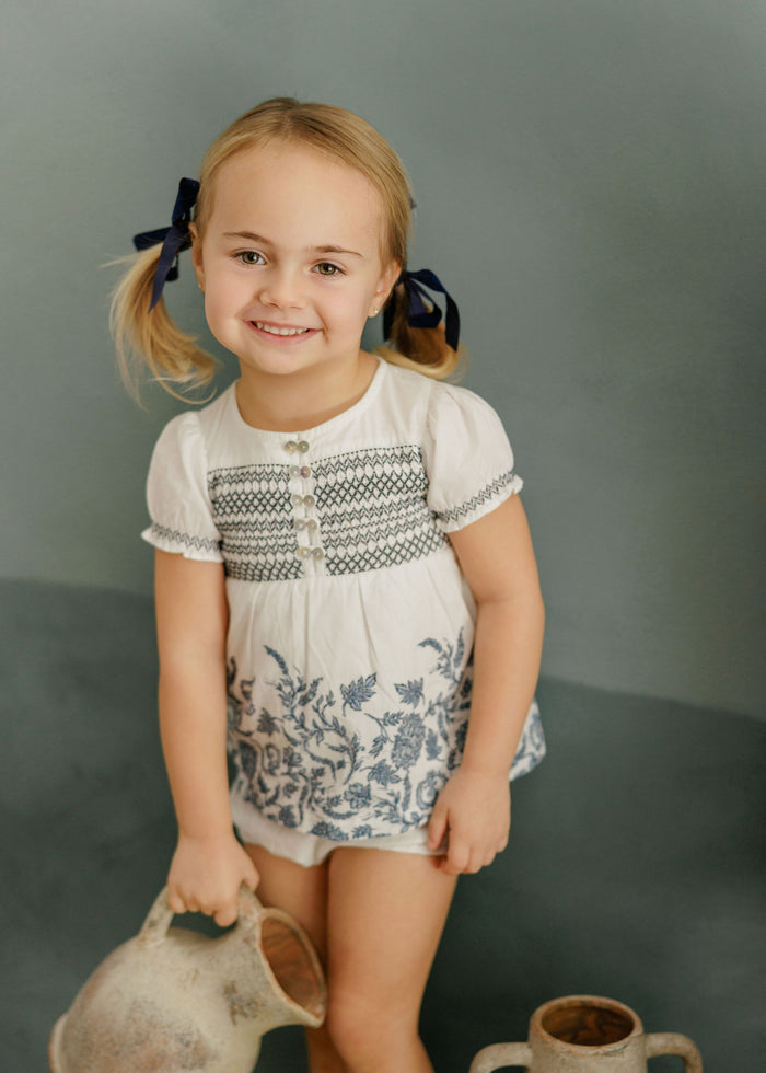 Girls Smocked Floral 2 Piece Set – Ivory/Blue – Storybook Collection