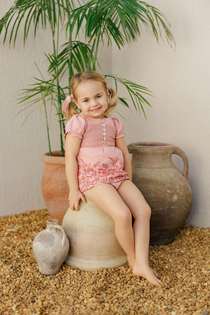 Girls Smocked Floral 2 Piece Set – Pink/Red – Storybook Collection