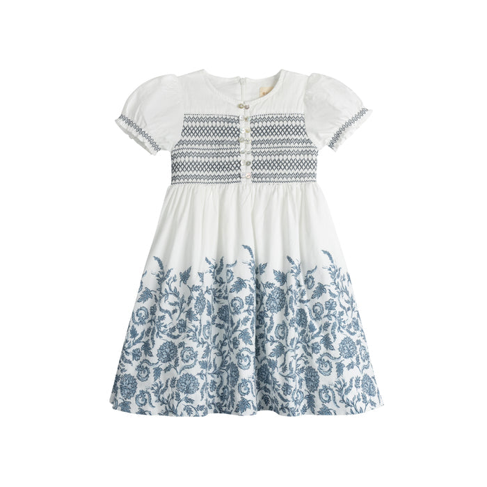 Girls Smocked Short Sleeve Floral Dress – Ivory/Blue – Storybook Collection