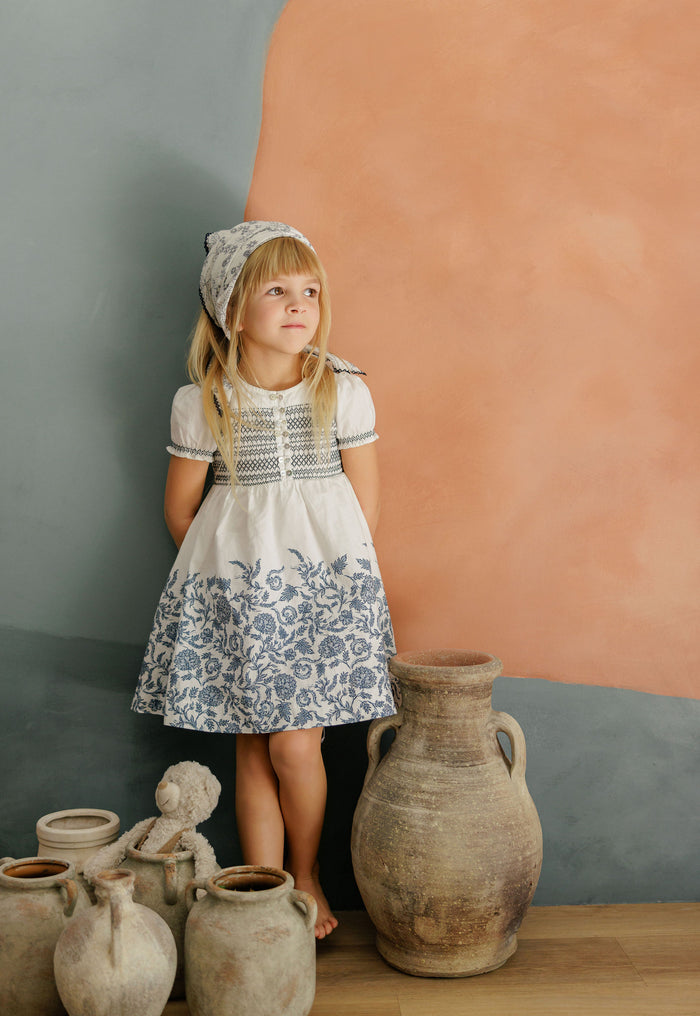 Girls Smocked Short Sleeve Floral Dress – Ivory/Blue – Storybook Collection