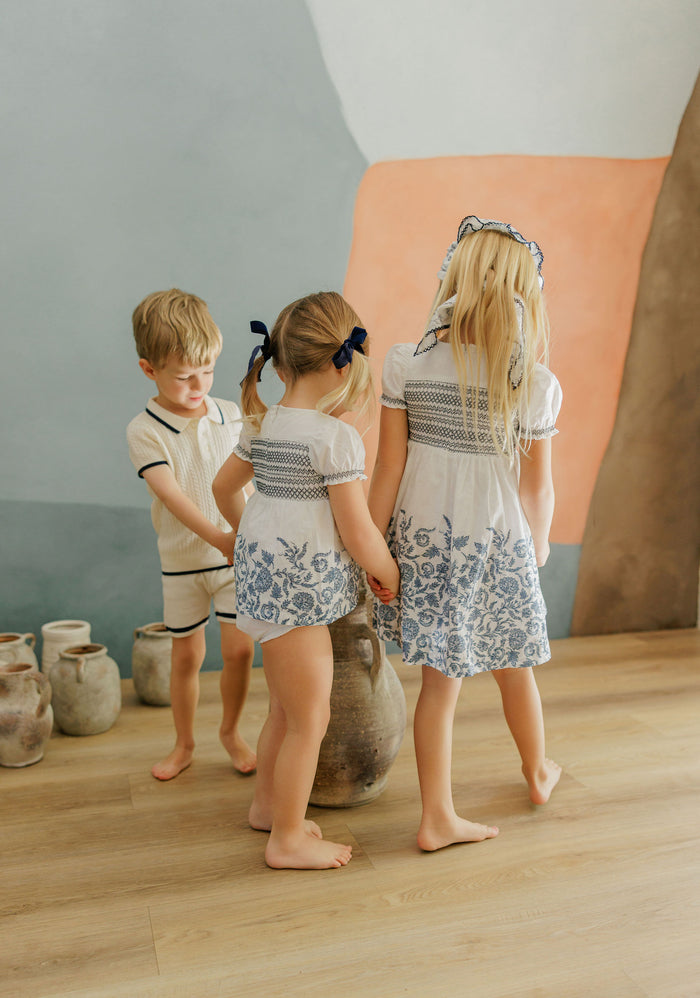 Girls Smocked Short Sleeve Floral Dress – Ivory/Blue – Storybook Collection