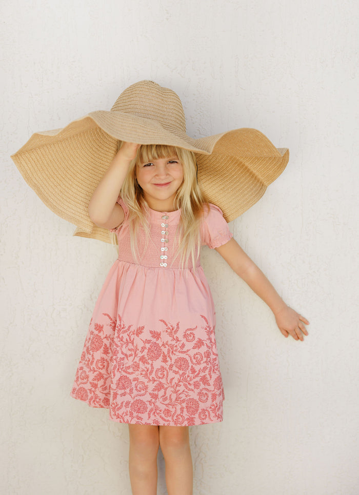 Girls Smocked Short Sleeve Floral Dress – Pink/Red – Storybook Collection