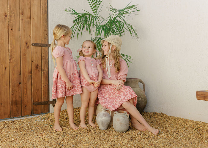 Girls Smocked Short Sleeve Floral Dress – Pink/Red – Storybook Collection