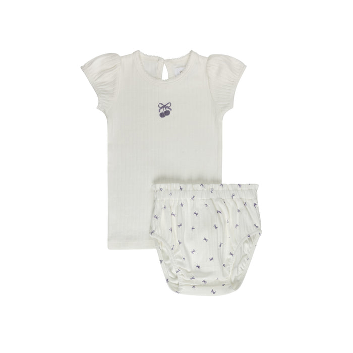 Girls T-Shirt and Bloomer – Ivory Lilac – Bow Print