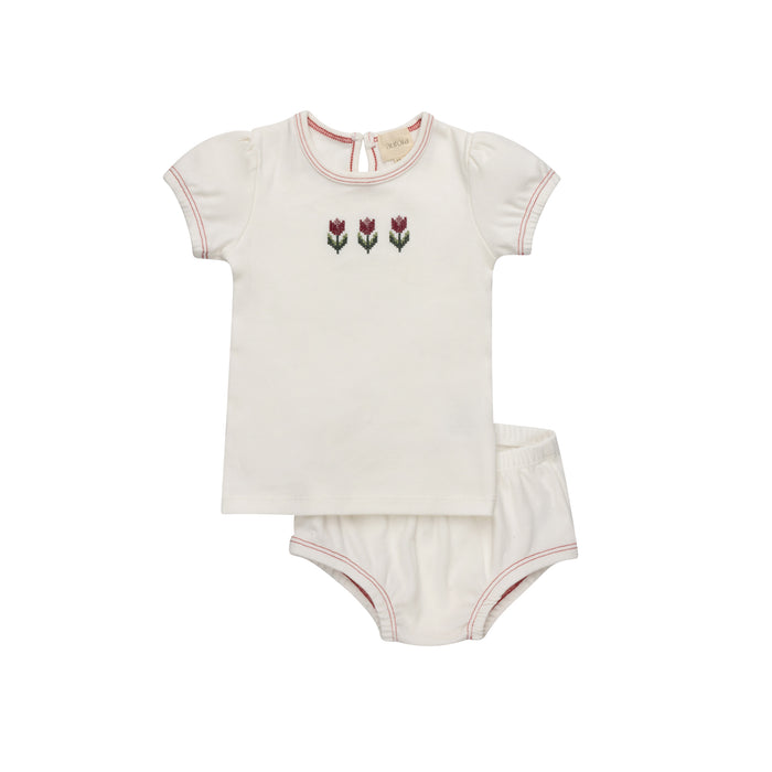 Girls T-Shirt and Bloomer – Ivory Pink – Cross Stitch Tulip