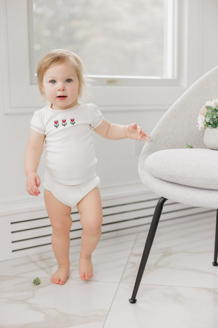Girls T-Shirt and Bloomer – Ivory Pink – Cross Stitch Tulip