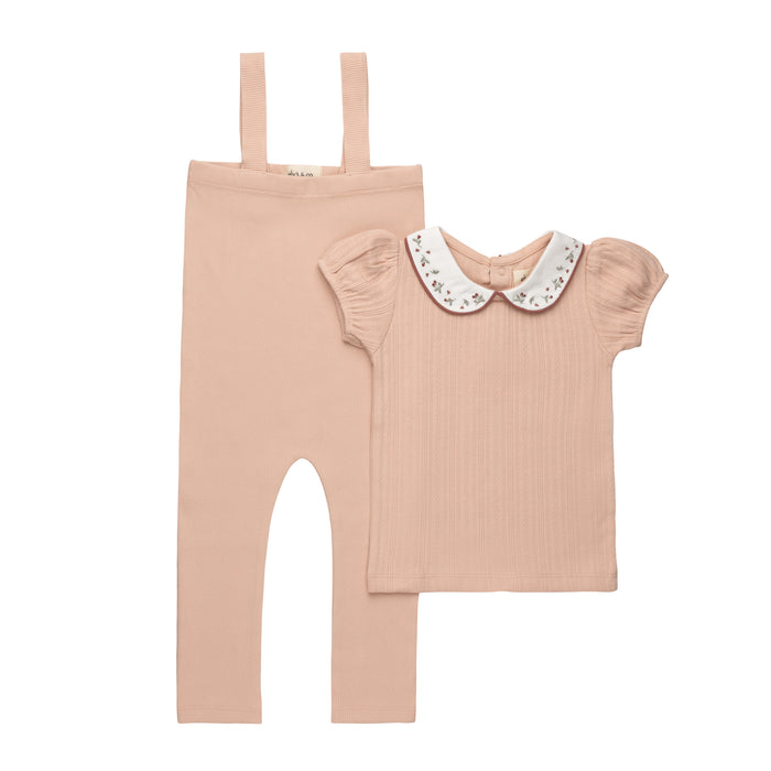 Girls T-shirt and Overalls – Pink – Embroidered Collar