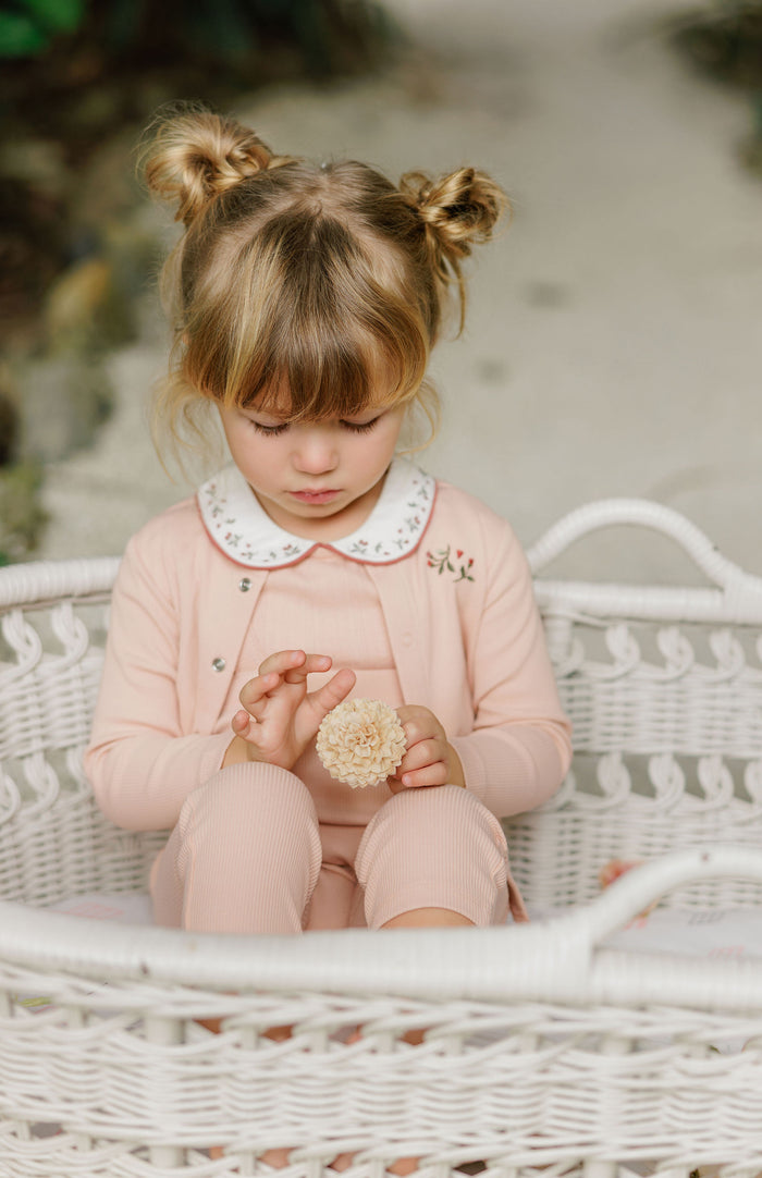 Girls T-shirt and Overalls – Pink – Embroidered Collar