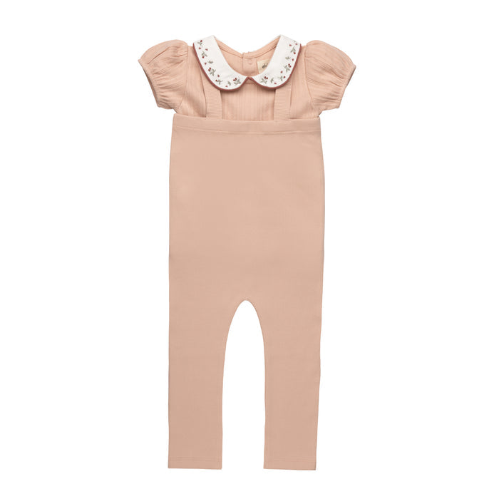 Girls T-shirt and Overalls – Pink – Embroidered Collar